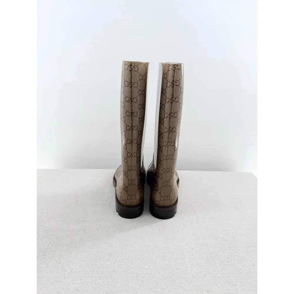 Gucci Monogram GG Edimburg Mid-Calf Rubber Outdoor Rain Boots Beige Womens 38